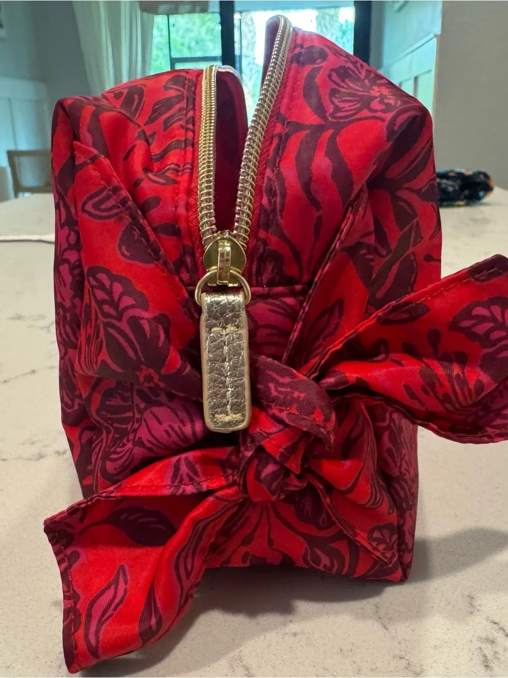 Lilly Pulitzer Red Floral Cosmetic/Toiletry Bag - gold hardware w/ bow detail